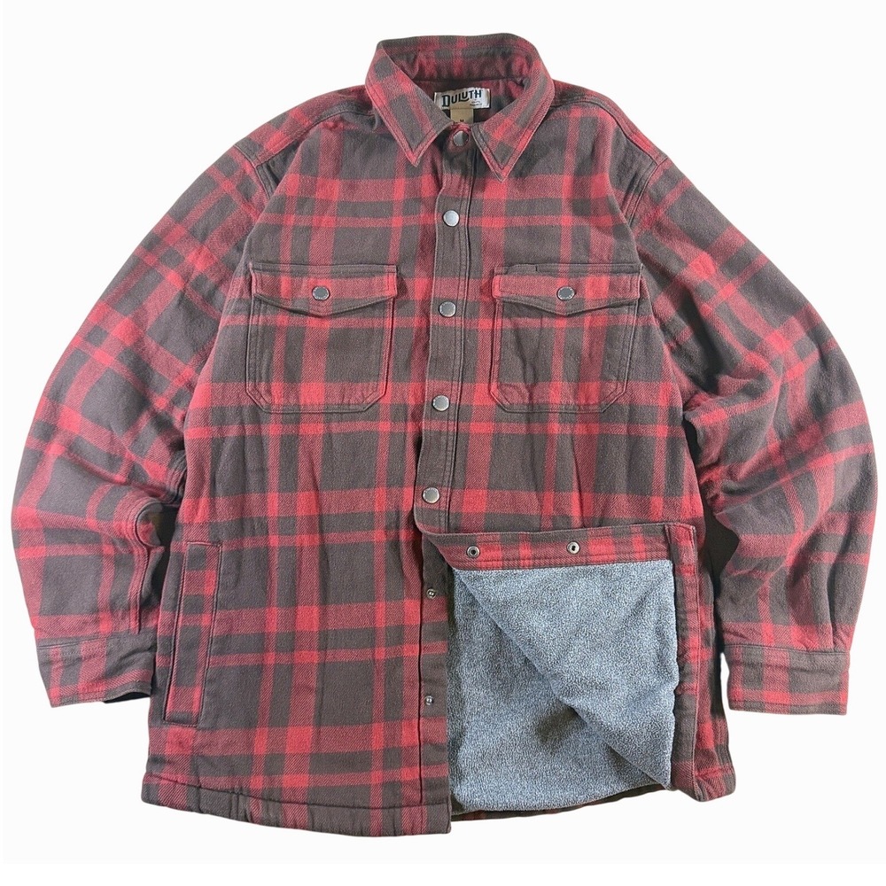 Flannel Chore Jacket Duluth Trading Flapjack MED Red Plaid Fleece Lined Trucker